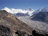 Gokyo Ri 03-1 Cho Oyu To Gyachung Kang, Nguzumpa Glacier From Gokyo Ri Early Morning The long ridge from Cho Oyu (8201m) to Gyachung Kang (7952m) dominates the view to the north from Gokyo Ri.